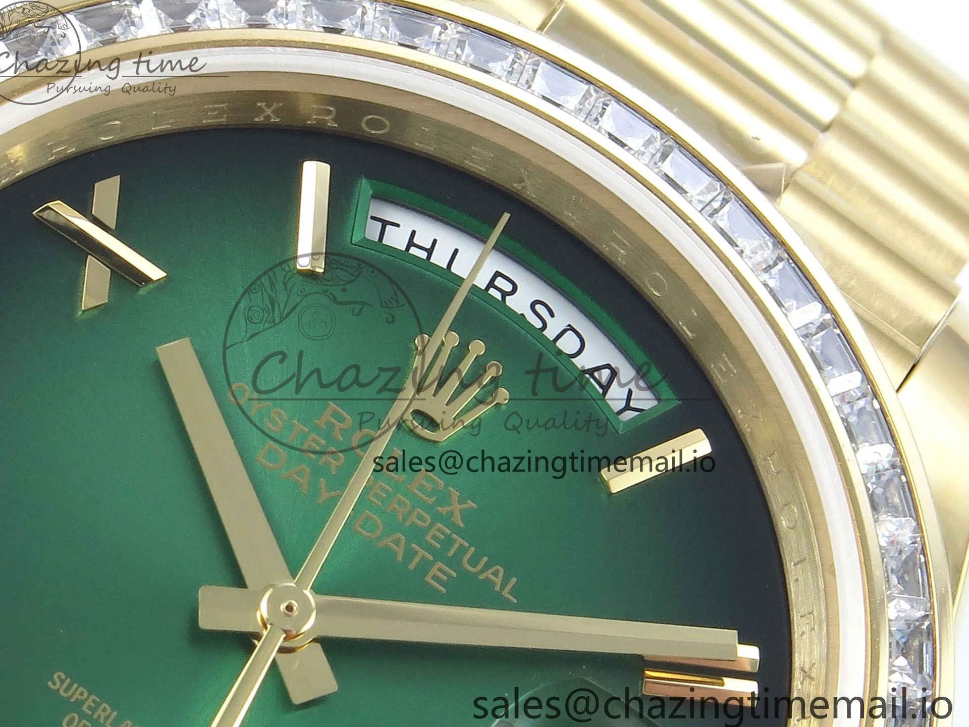 MiroTime 1224 TechFriendly DayDate 40 YG QF 1:1 Best Edition Green Black Dial Diamonds Bezel on President Bracelet A2836 V5 (Gain Weight) 490